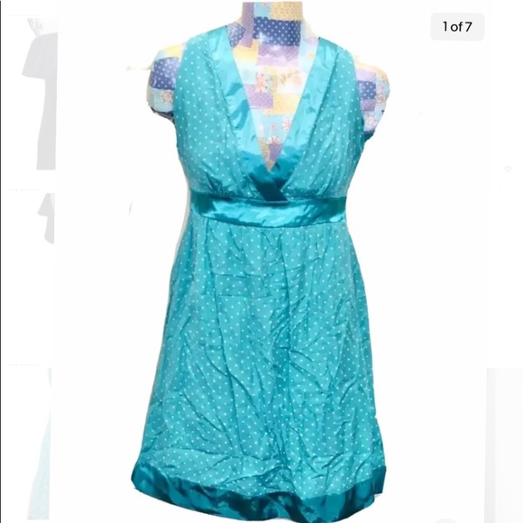 Guess Women Empire Cut Dress Turquoise Polka Dot V-Neck Sleeveless S - Picture 1 of 8